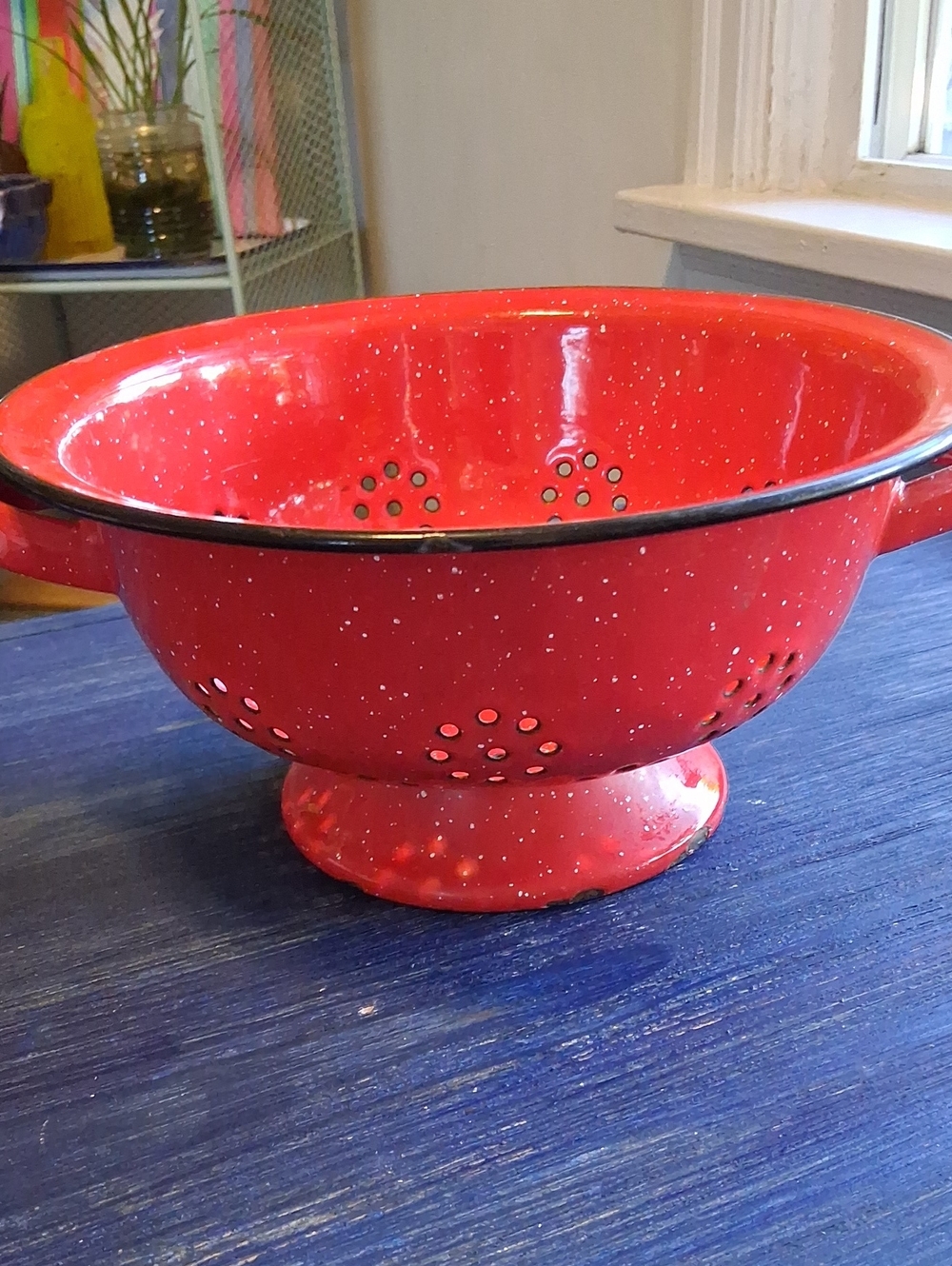 Vintage Red Enamel Footed Colander - Classic Kitchen Strainer